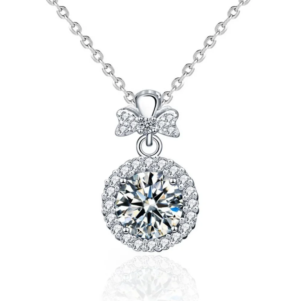 Certified 1ct. t.w. Moissanite Diamond Round Halo Bow Knot Pendant Necklace NEW